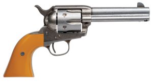 Cimarron RS410 Hollywood Series Rooster Shooter 45 Colt (LC) 6 Shot, 4.75" Trail Worn Blued Steel Barrel, Cylinder & Frame, Wide Front Sight, Aged-Looking Orange Finger Grooved Grip