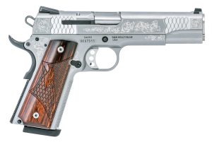 Smith & Wesson 10270 1911 E-Series Full Size Frame 45 ACP 8+1, 5" Stainless Steel Barrel, Glass Bead w/Engraving Serrated SS Slide, Matte Silver Engraved SS Frame w/Beavertail, Ambidextrous