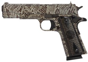 Iver Johnson Arms 1911A1COPPERHEAD 1911 A1 Copperhead 45 ACP 8+1 5" Black Steel Barrel, Tan Snakeskin Hydrographic Serrated Steel Slide & Frame w/Beavertail, Black Snakeskin Diamondwood Grip