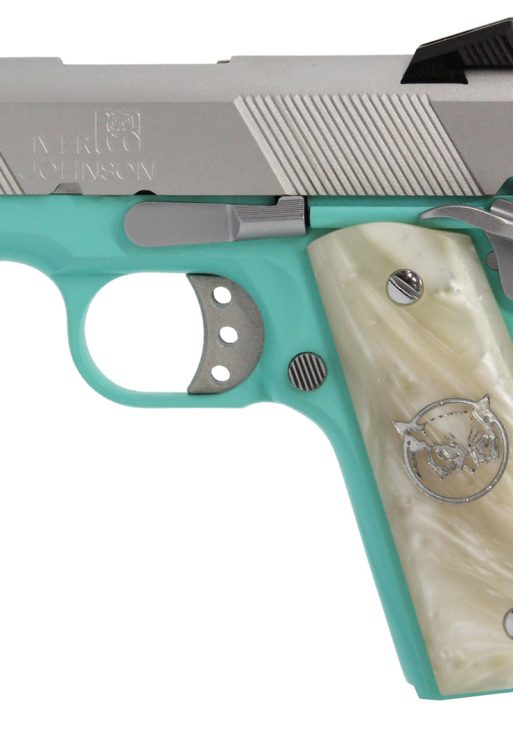 Iver Johnson Arms THRASHERTB9 1911 Thrasher Officer 70 Series 9mm Luger 3.13" 8+1 Tiffany Blue Cerakote Silver Cerakote White Synthetic Pearl Grip