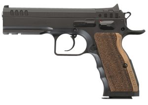 Tanfoglio IFG TFSTOCKI9SF Defiant Stock I 9mm Luger Caliber with 4.50" Barrel, 16+1 Capacity, Overall Black Finish Steel, Picatinny Rail/Beavertail Short Frame, Serrated Slide & Wood Grip