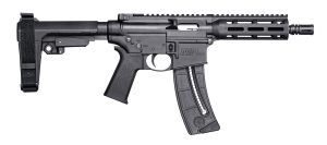 Smith & Wesson 13321 M&P15  Pistol 22 LR 8" Black Carbon Steel Barrel 25+1, Black SB Tactical SBA3 Adjustable Arm Brace Stock, Black Magpul MOE Grip, Manual Safety, Optics Ready