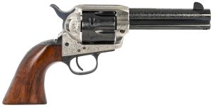 Taylors & Company 550925 1873 Cattleman 45 Colt (LC) Caliber with 4.75" Blued Floral Engraved Finish Barrel, 6rd Capacity Blued Finish Cylinder, Coin Photo Engraved Finish Steel Frame & Walnut Grip