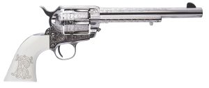 Cimarron PP415LNTRII Teddy Roosevelt Frontier 45 Colt (LC) 6 Shot 7.50" Nickel-Plated Engraved Barrel, Cylinder & Frame, White w/Laser Engraved "T.R." Grip
