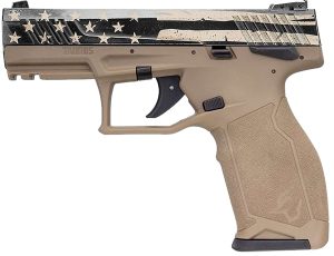 Taurus 1TX2214110USD TX22  Full Size Frame 22 LR 10+1 4.10" Black Steel Threaded Barrel, Black Distressed US Flag Cerakote Serrated Slide, FDE w/Black Controls Polymer Frame w/Picatinny Rail