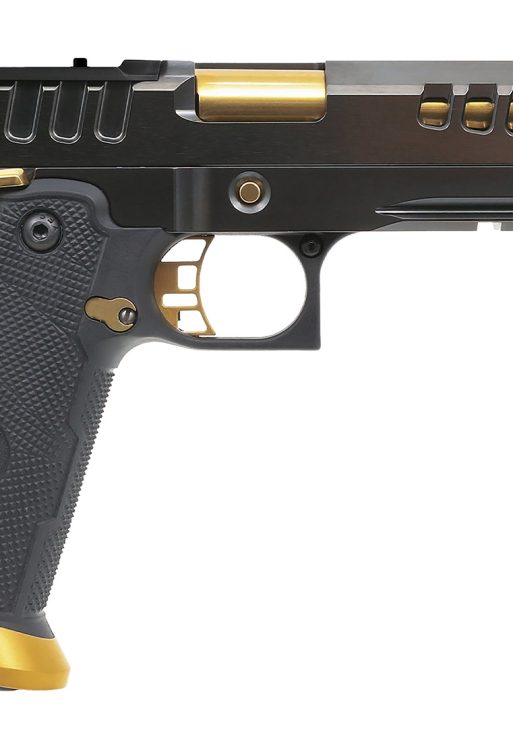 Watchtower Firearms DEMOLITIA9MM5ELITE Demolitia  Full Size Frame 9mm Luger 20+1 5" Gold Plated PVD Ported Barrel, Graphite PVD Optic Cut/Serrated Steel Slide, Graphite PVD Frame, Black Textured Grip