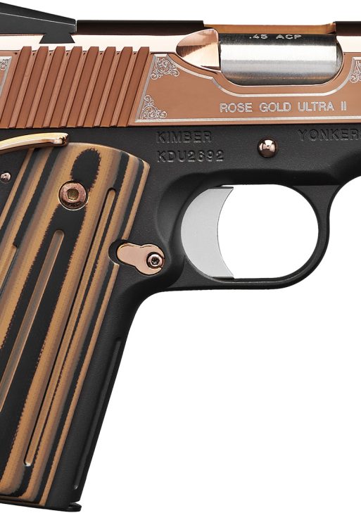 Kimber Mfg, Inc 3200373 Ultra II  45 ACP 7+1 3" Stainless Match Grade Barrel, Engraved Rose Gold PVD Serrated Stainless Steel Slide, Kimpro II Black Aluminum Frame w/Beavertail, G10 Grip