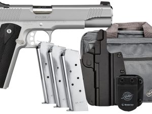 Kimber Mfg, Inc 3700826 Stainless LW Club Bundle Full Size Frame 45 ACP 7+1 5" Stainless Match Grade Barrel, Serrated Stainless Steel Slide, Stainless Aluminum Frame w/Beavertail, Black Textured Grip