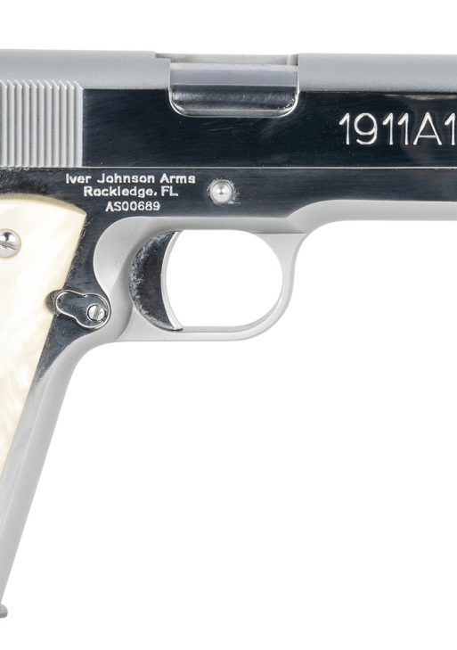 Iver Johnson Arms 1911A138CHRWP   38 Super 8+1 5" Stainless Steel Barrel, Bright Polish Chrome Serrated Stainless Steel Slide, Pearl Grips
