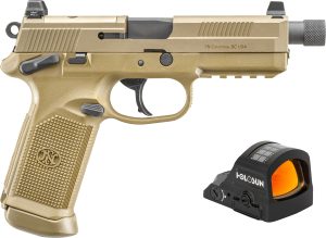 FN 66102270 FNX w/Optic 45 ACP 15+1 5.30" Black Steel Threaded Barrel, Flat Dark Earth Optic Ready/Serrated Stainless Steel Slide & Polymer Frame w/Picatinny Rail, Holosun 407C Red Dot, Ambidextrous