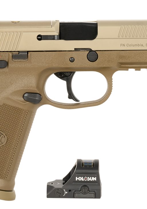 FN 66102272 FNX w/Optic 45 ACP 10rd 5.30" Black Steel Barrel, Flat Dark Earth Optic Ready/Serrated Stainless Steel Slide & Polymer Frame w/Picatinny Rail, Holosun 407C Red Dot, 5 Mags, Ambidextrous