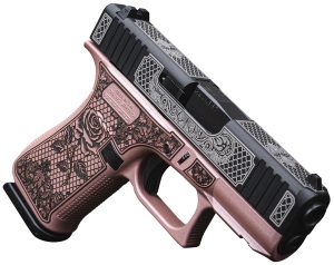 Glock UX4350204FRNGLRG G43X  Slim Sub-Compact Frame 9mm 10+1 3.41" Black GMB Barrel Black w/White Scroll Cerakote, Serrated Steel Slide Rose Gold Lace w/Rose Cerakote Polymer Frame & Grip