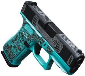 Glock UX4350204FRNGLTB G43X  Slim Sub-Compact Frame 9mm 10+1 3.41" Black GMB Barrel Black w/White Scroll Cerakote Serrated Steel Slide, Tiffany Blue Lace w/Rose Cerakote Polymer Frame & Grip