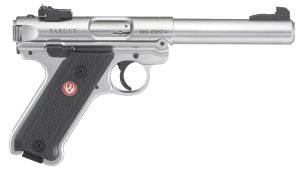 Ruger 40103 Mark IV Target 22 LR 10+1 5.50" Satin Stainless Bull Barrel, Satin Stainless Steel Slide, Stainless Steel Frame Drilled & Tapped Receiver, Black Checkered Polymer Grip, Right Hand
