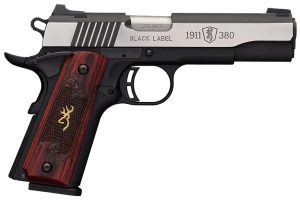 Browning 051912492 1911-380 Black Label Medallion Pro 380 ACP 8+1 4.25" Target Crown Barrel, Blackened w/Silver Polished Flats Serrated SS Slide, Matte Black Polymer Frame  w/Beavertail