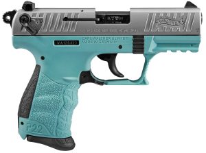 Walther Arms 5120362 P22 *CA Compliant 22 LR 10+1 3.42" Stainless Steel Serrated/Steel Slide, Angel Blue Polymer Frame w/Picatinny Rail, Black Interchangeable Backstrap Grips