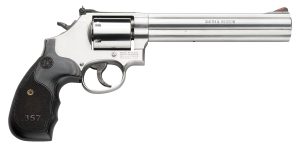 Smith & Wesson 150855 Model 686 Plus 38 S&W Spl +P, 357 Mag 7rd 7" Stainless Steel Barrel & Cylinder Satin Stainless Steel Frame with Black & Silver Custom Wood Grip & Red Ramp Front Sight