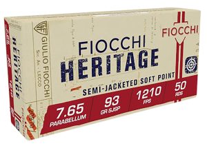 Fiocchi 765B Heritage  7.65x21mmParabellum 93gr Semi Jacketed Soft Point 50 Per Box/20 Case