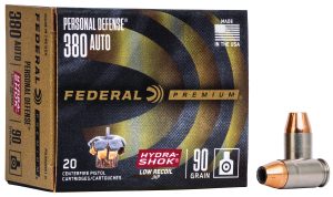 Federal PD380HS1H Premium Personal Defense Low Recoil 380ACP 90gr Hydra-Shok Jacketed Hollow Point 20 Per Box/10 Case