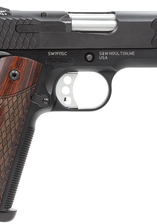 Smith & Wesson 108483 1911 E-Series 45 ACP 7+1/8+1, 4.25" Stainless Steel Barrel, Black Serrated Stainless Steel Slide, Black Aluminum Frame w/Beavertail, Round Butt Laminate Wood Grip