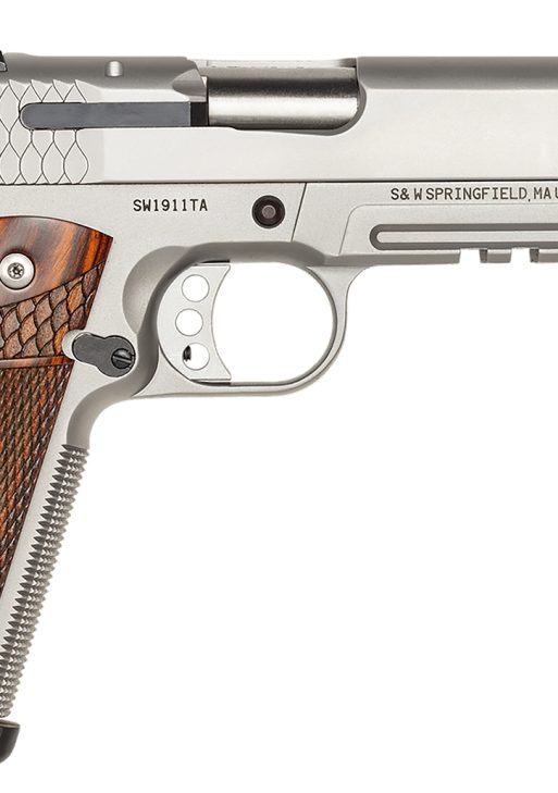 Smith & Wesson 108411 1911 E-Series 45 ACP  5" Barrel 8+1, Satin Stainless Steel Frame & Slide, Laminate Wood E Series Grip, Tactical Accessory Rail, Manual Grip & Thumb Safety