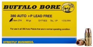 Buffalo Bore Ammunition 27H20 Buffalo-Barnes Strictly Business 380ACP +P 80gr Barnes TAC-XP Lead Free 20 Per Box/12 Case