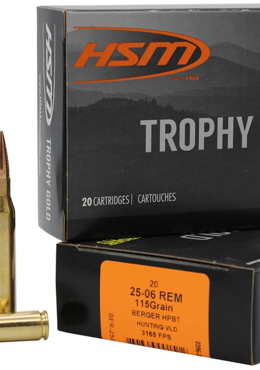 HSM 2506115VLD Trophy Gold Extended Range 25-06 Rem 115 gr Berger Hunting VLD Match 20 Per Box/ 20 Case