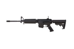 Bushmaster M4 Patrolman's Flat Top-CA AR15 Rifle - Black | 5.56NATO | 16" Barrel | M4 Handguard | A2 Flash Hider | M4 Collapsible Stock | Flip-Up Rear Sight | Fixed 10rd Mag | CA Compliant
