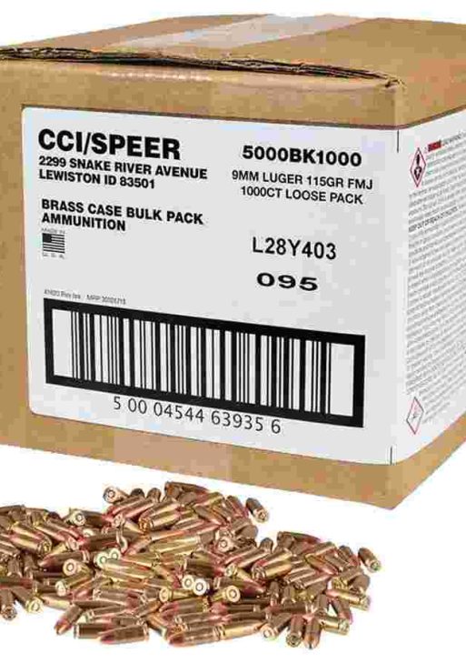 CCI Blazer Brass Handgun Ammunition 9mm Luger 115 gr FMJ 1145 fps 1000/ct Loose Pack