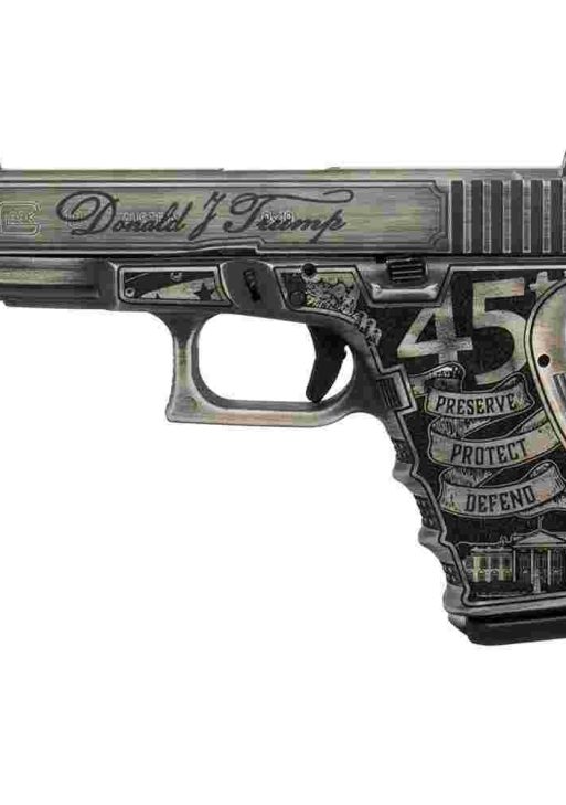 Glock 19 Gen 3 Custom "Trump 2024" Compact Handgun 9mm Luger 15rd Magazines (2) 4.6" Gold Barrel Crushed Silver Distressed Black USA