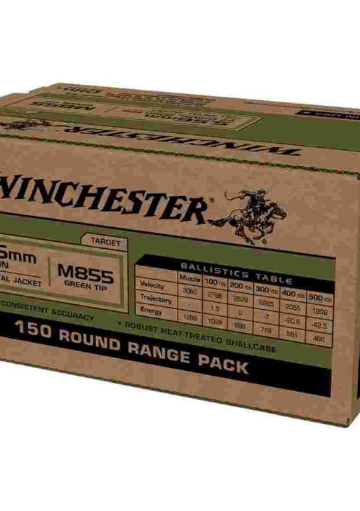 Winchester USA Lake City M855 Green Tip Rifle Ammunition 5.56mm 62 gr. FMJ 1255 fps 150/ct
