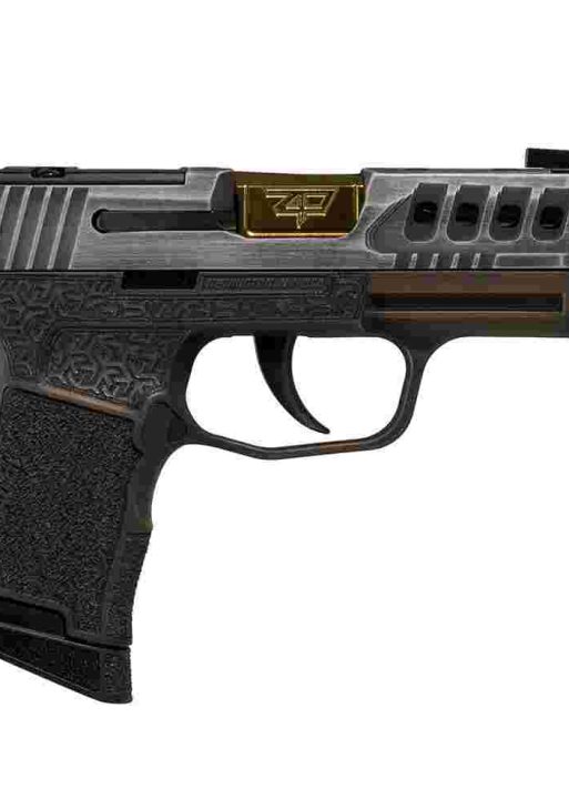 Sig Sauer P365 "Gold Bug" Handgun 9mm luger 10rd Magazines(2) 3.7" Threaded Gold Barrel Tactical Cut Distressed Grey Slide/Brown Grip Octagon Stippling