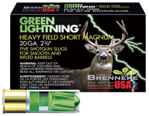 Brenneke SL202HFSGL Green Lightning Heavy Field Short Magnum 20Gauge 2.75" 1oz Slug Shot 5 Per Box/50 Case