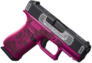 Glock UX4350204FRNGLBC G43X  Slim Sub-Compact Frame 9mm 10+1 3.41" Black GMB Barrel, Black w/White Scroll Cerakote Serrated Steel Slide, Black Cherry Lace w/Rose Cerakote Polymer Frame & Grip