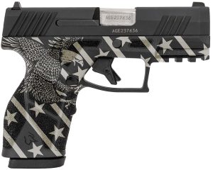 Taurus 1-GX2931-EN1 GX2  Compact Frame 9mm Luger 13+1 3.38" Stainless Steel Barrel, Matte Black Serrated Alloy Steel Slide, Black w/Eagle, Stars & Stripes Polymer Frame w/Accessory Rail