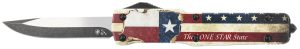 Templar Knife MZTX321 Premium Weighted Texan Slim 3.16" OTF Drop Point Plain Black Oxide Stonewashed D2 Steel Blade, 4.93" Red/White/Blue w/"The LONE STAR State" Aluminum Zinc Alloy Handle