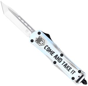 CobraTec Knives SCATIFS3TNS FS-3 Come And Take It Small 3" OTF Tanto Plain Satin D2 Steel Blade, 4.50" White "Come And Take It" Aluminum Cerakoted Handle