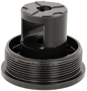 ADVANCED ARMAMENT COMPANY 65011 Flange Indexing Direct-Thread Adapter  5/8"-24 tpi, Muzzle Brake Design, 1-3/8"-24 tpi Socket