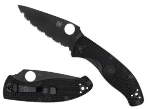 Spyderco C122PSBBK Tenacious Lightweight 3.39" Folding Part Serrated Black Oxide 8Cr13MoV SS Blade/Black Bi-Directional Texturing FRN Handle Includes Pocket Clip