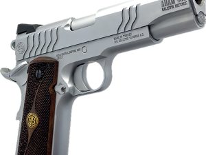 Dickinson LLC DCKSN45S 1911 Adam S Full Size Frame SAO 45 ACP 7+1 5" Stainless Button Rifled Barrel, Stainless Steel S Serrations Slide, Stainless Steel Frame, Wood Grip