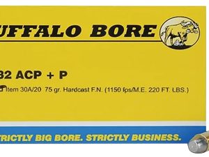 Buffalo Bore Ammunition 30A20 Personal Defense Strictly Business 32ACP +P 75gr Hard Cast Flat Nose 20 Per Box/12 Case