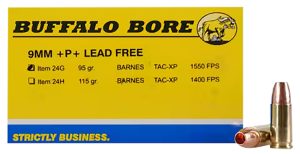 Buffalo Bore Ammunition 24G20 Buffalo-Barnes Strictly Business 9mmLuger +P+ 95gr Barnes TAC-XP Lead Free 20 Per Box/12 Case