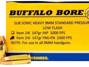 Buffalo Bore Ammunition 24J20 Subsonic Strictly Business 9mmLuger 147gr Full Metal Jacket Flat Nose 20 Per Box/12 Case