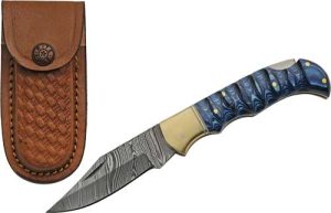 SZCO RITE EDGE 3" BLUE GROOVED - WOOD DAMASCUS LOCKBACK W/SHTH